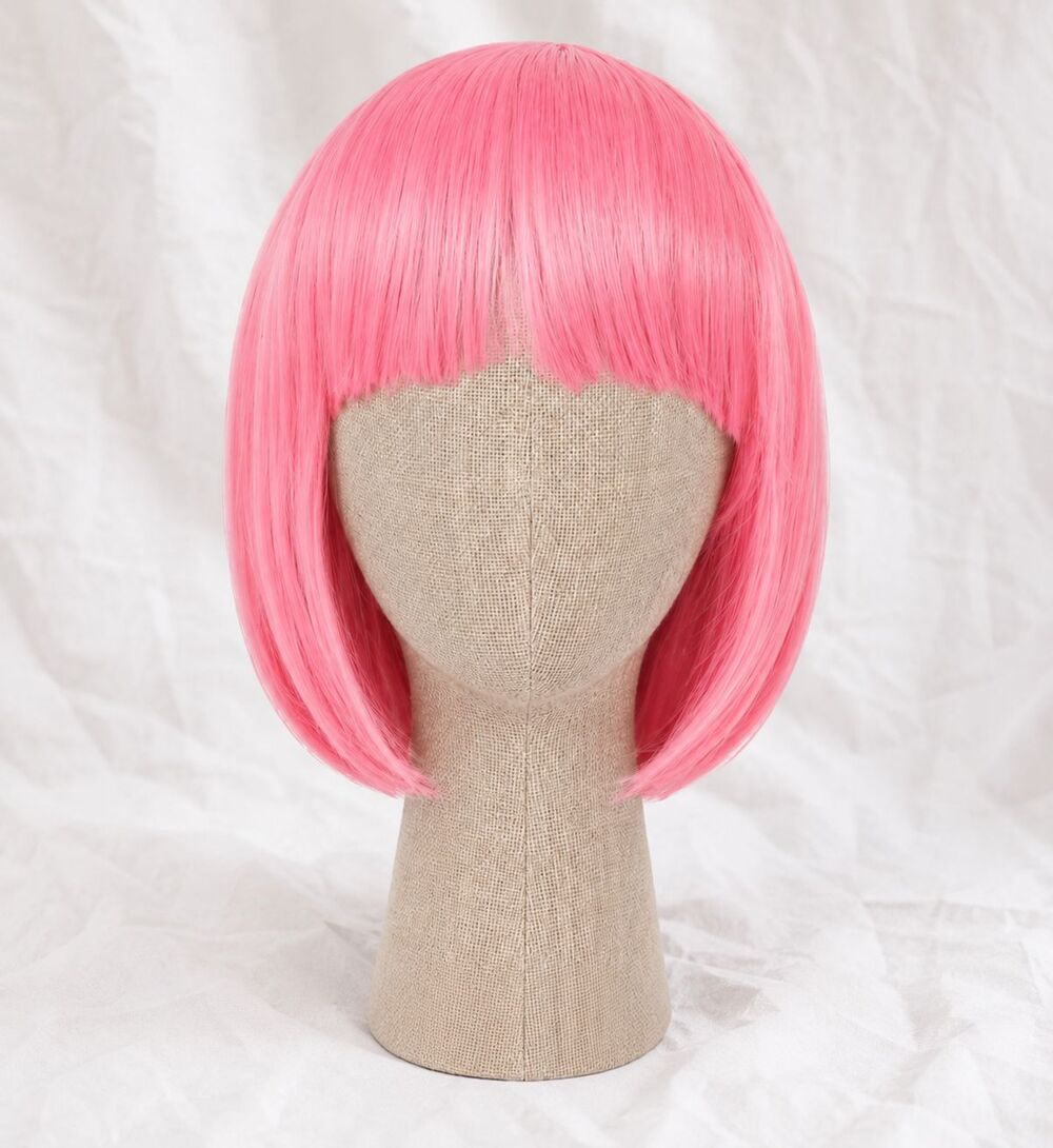 CiCy Bright Pink Short Bob Wig with Bangs Halloween Cosplay Costume New